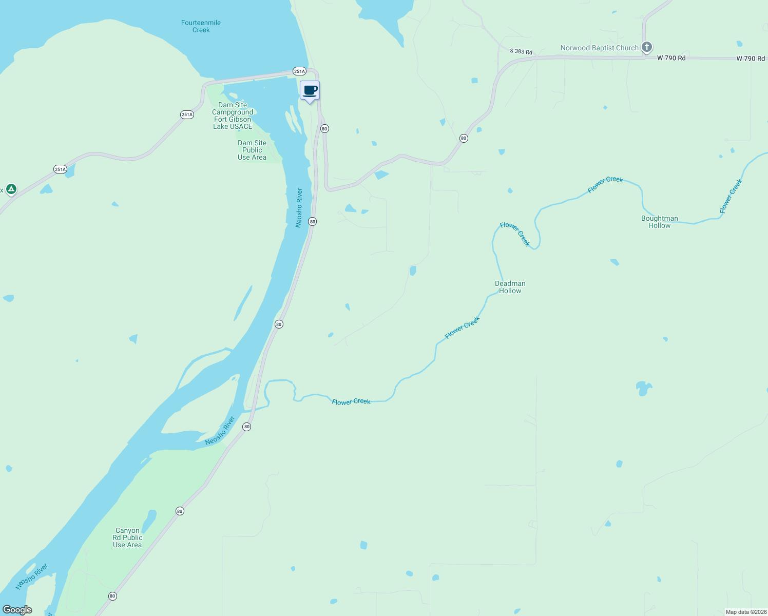 map of restaurants, bars, coffee shops, grocery stores, and more near 22303 South 377 Road in Fort Gibson
