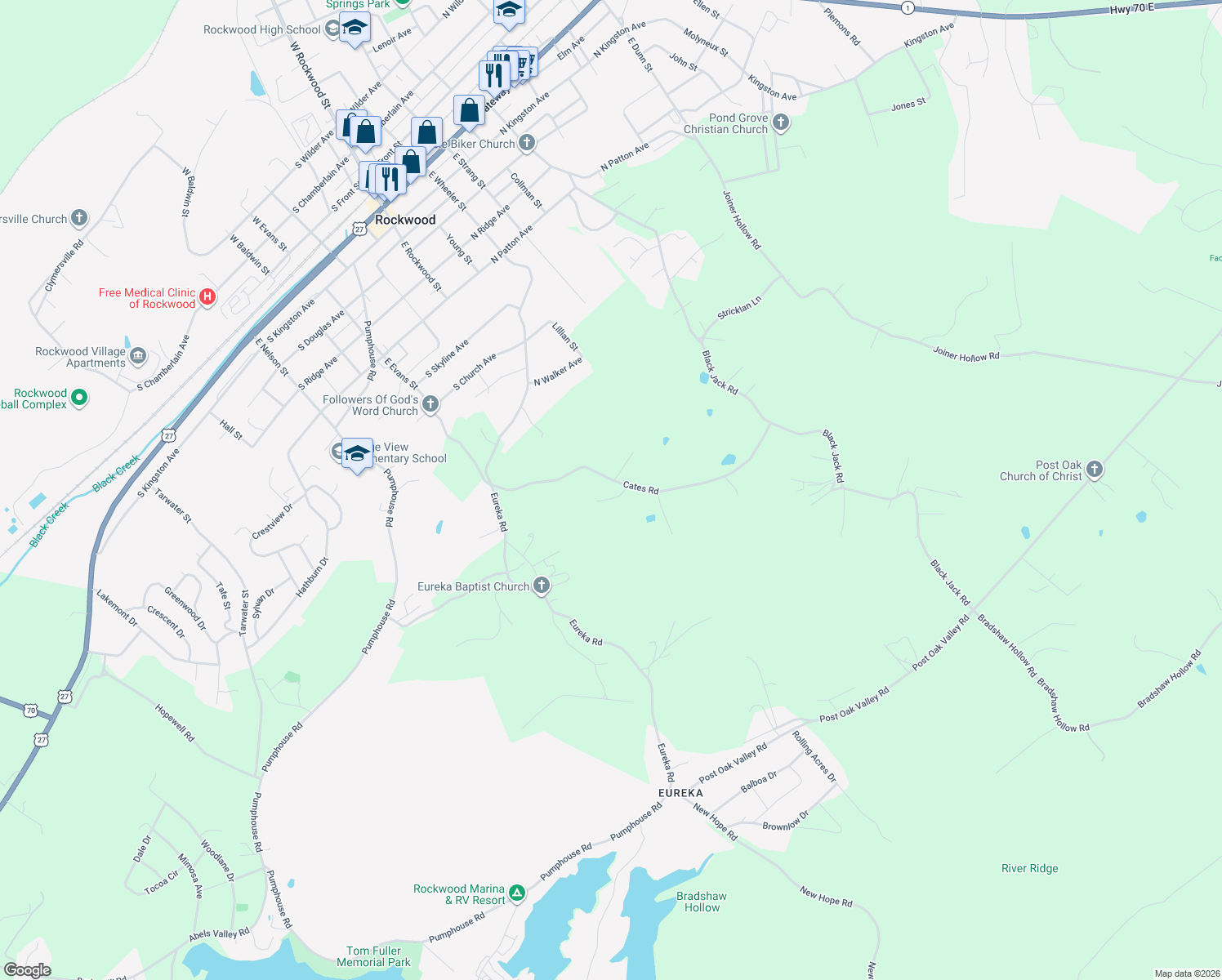 map of restaurants, bars, coffee shops, grocery stores, and more near 209 Cates Road in Rockwood