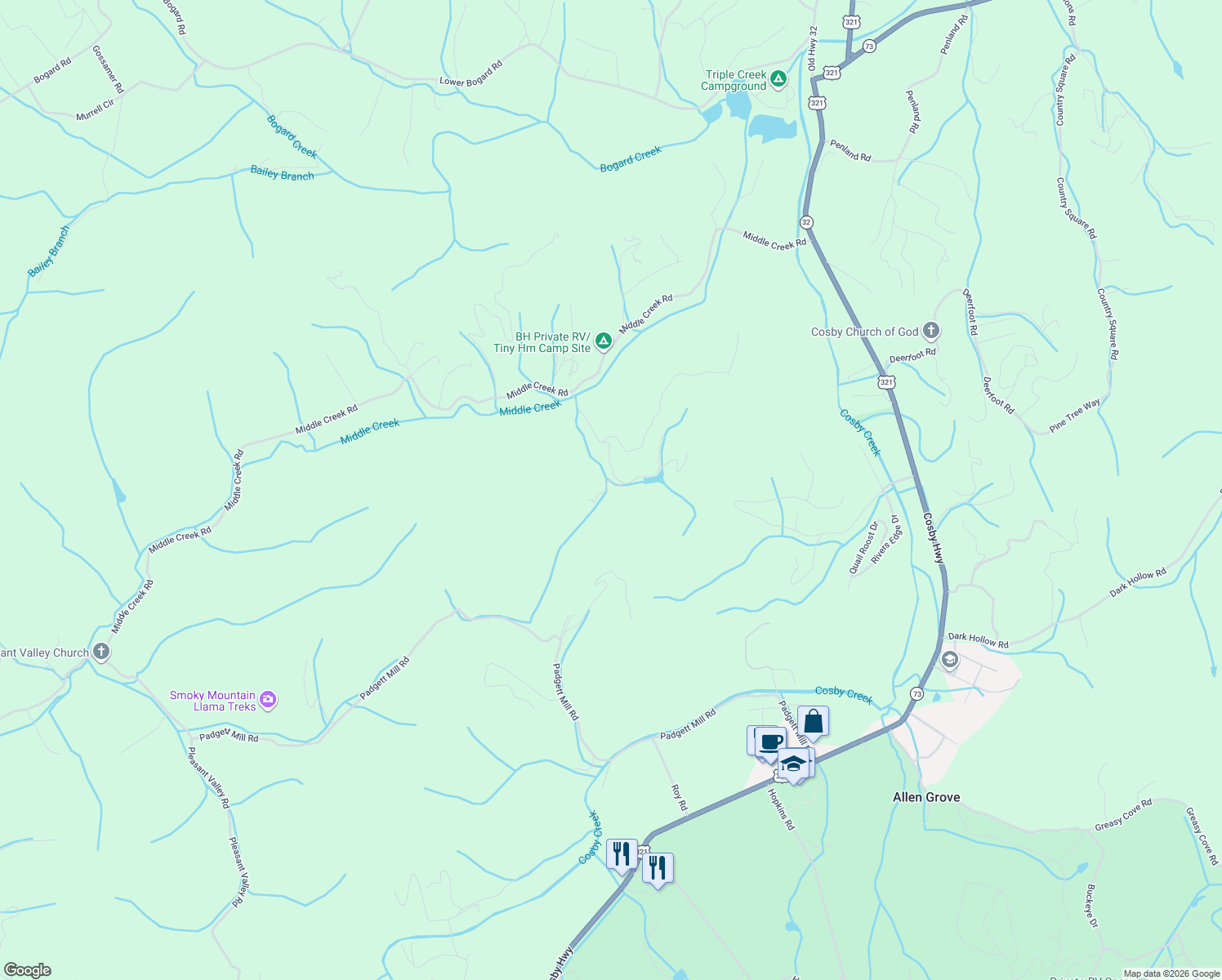 map of restaurants, bars, coffee shops, grocery stores, and more near 3050 Mica Way in Cosby