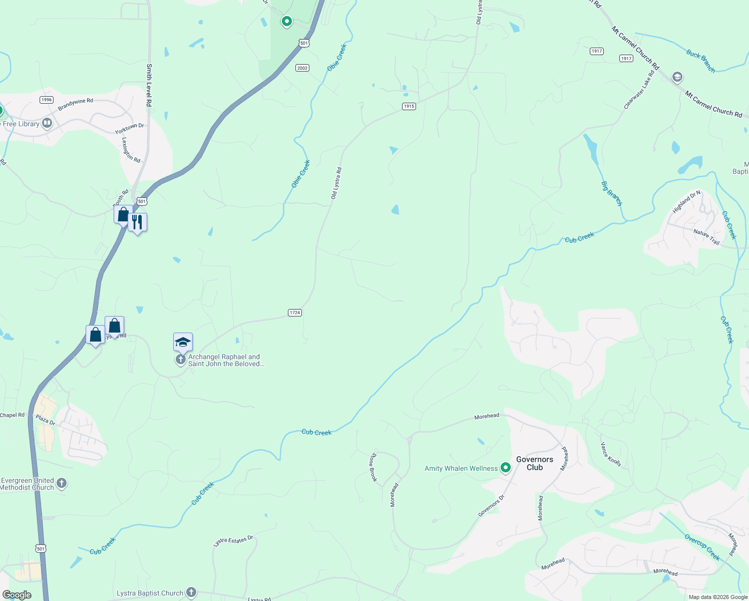 map of restaurants, bars, coffee shops, grocery stores, and more near 212 Oakridge in Chapel Hill