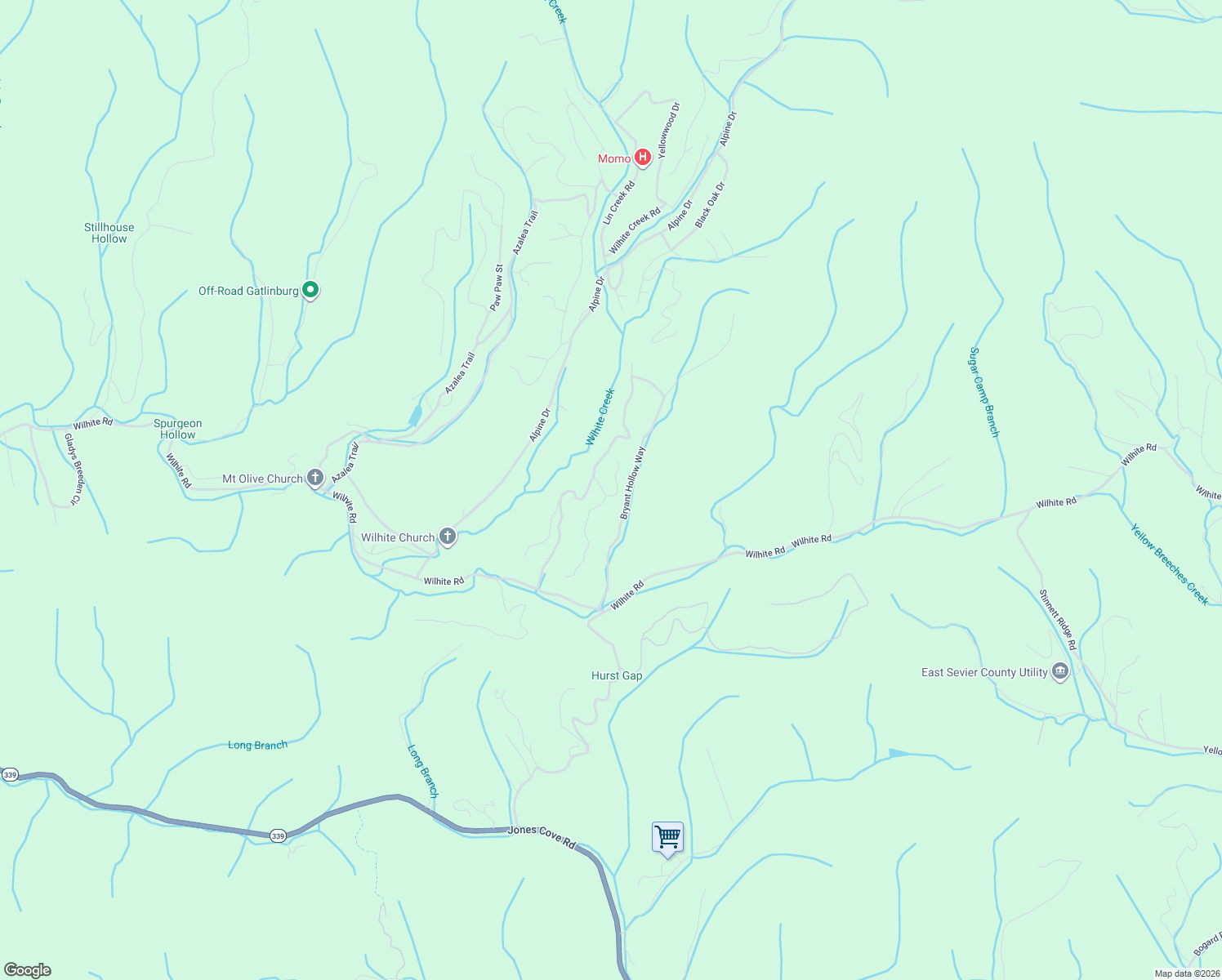 map of restaurants, bars, coffee shops, grocery stores, and more near 1740 Rich Mountain Way in Pigeon Forge