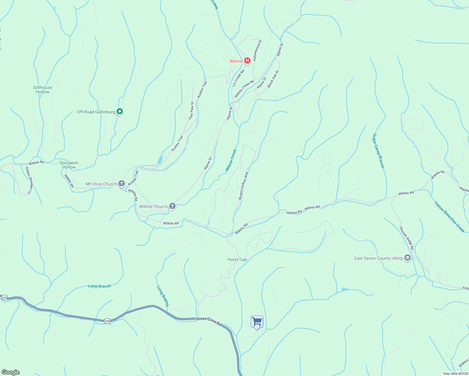map of restaurants, bars, coffee shops, grocery stores, and more near 1740 Rich Mountain Way in Pigeon Forge