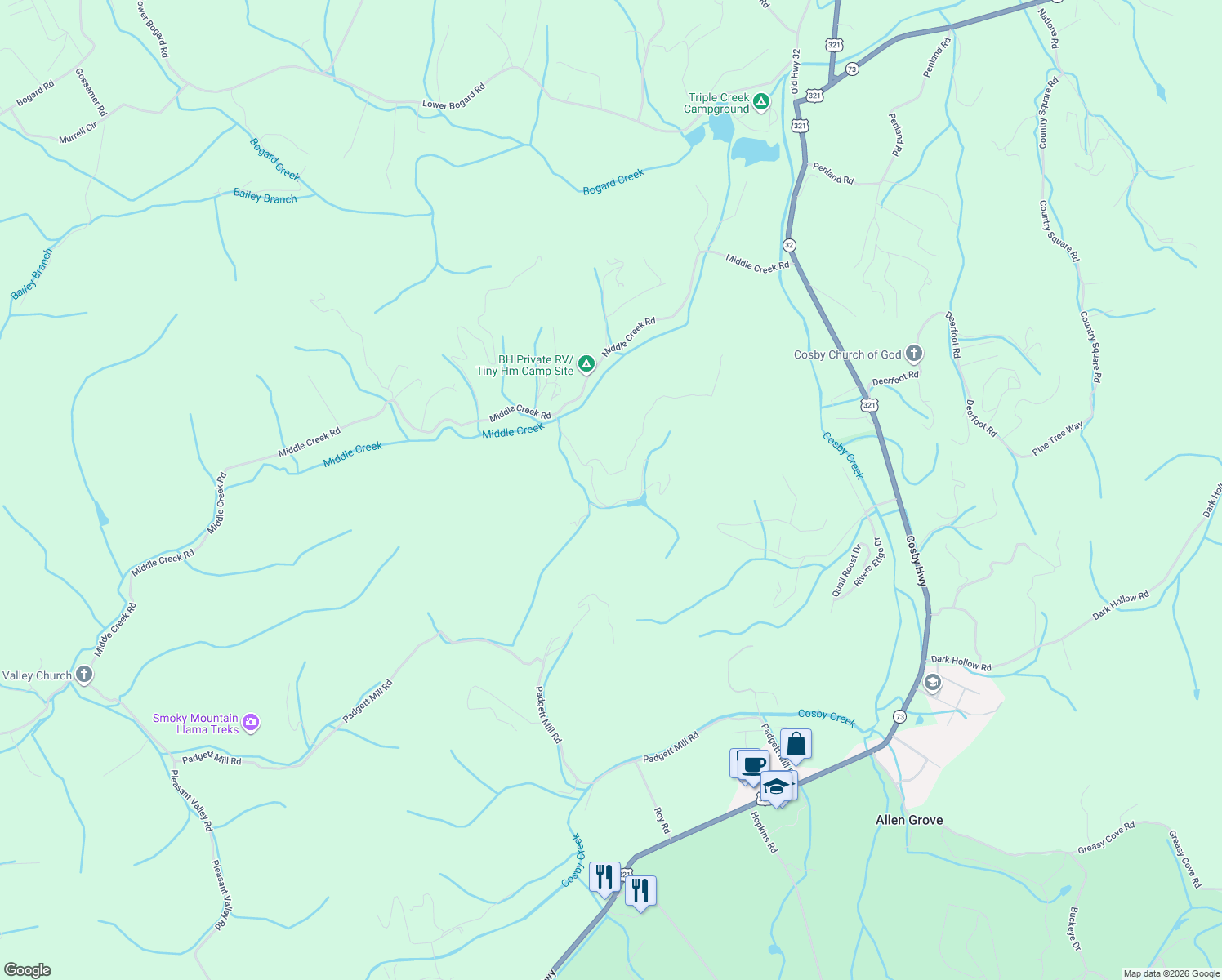 map of restaurants, bars, coffee shops, grocery stores, and more near 3050 Mica Way in Cosby