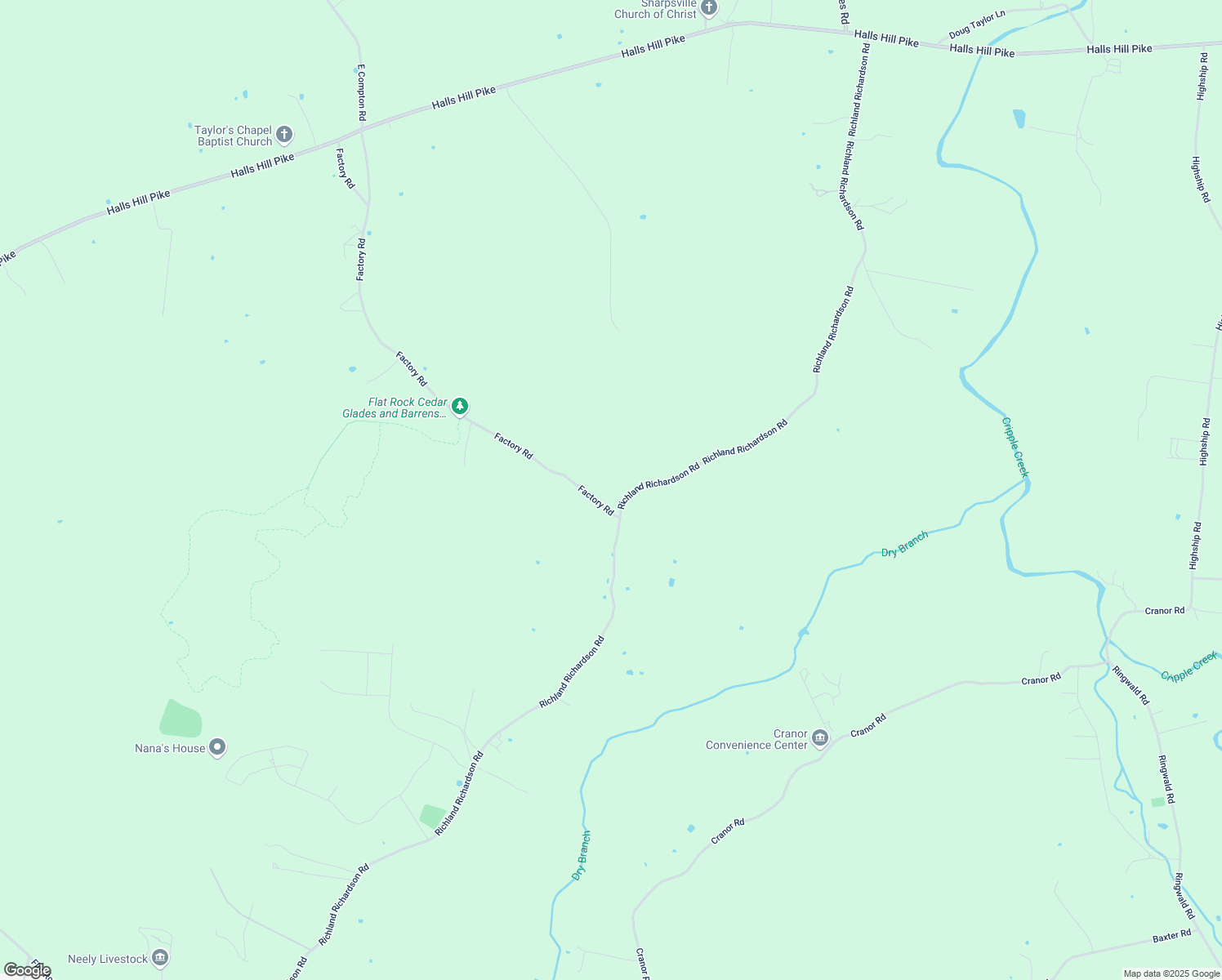map of restaurants, bars, coffee shops, grocery stores, and more near 1912 Factory Road in Murfreesboro