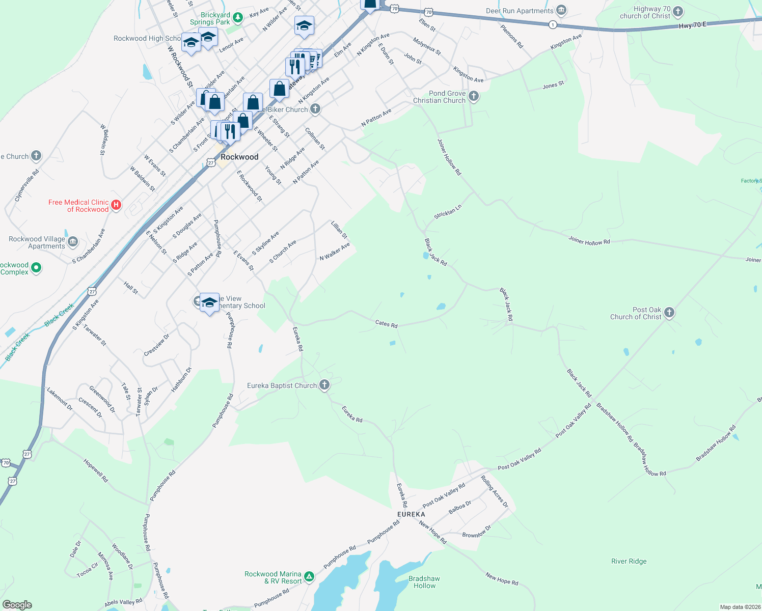 map of restaurants, bars, coffee shops, grocery stores, and more near 214 Cates Road in Rockwood