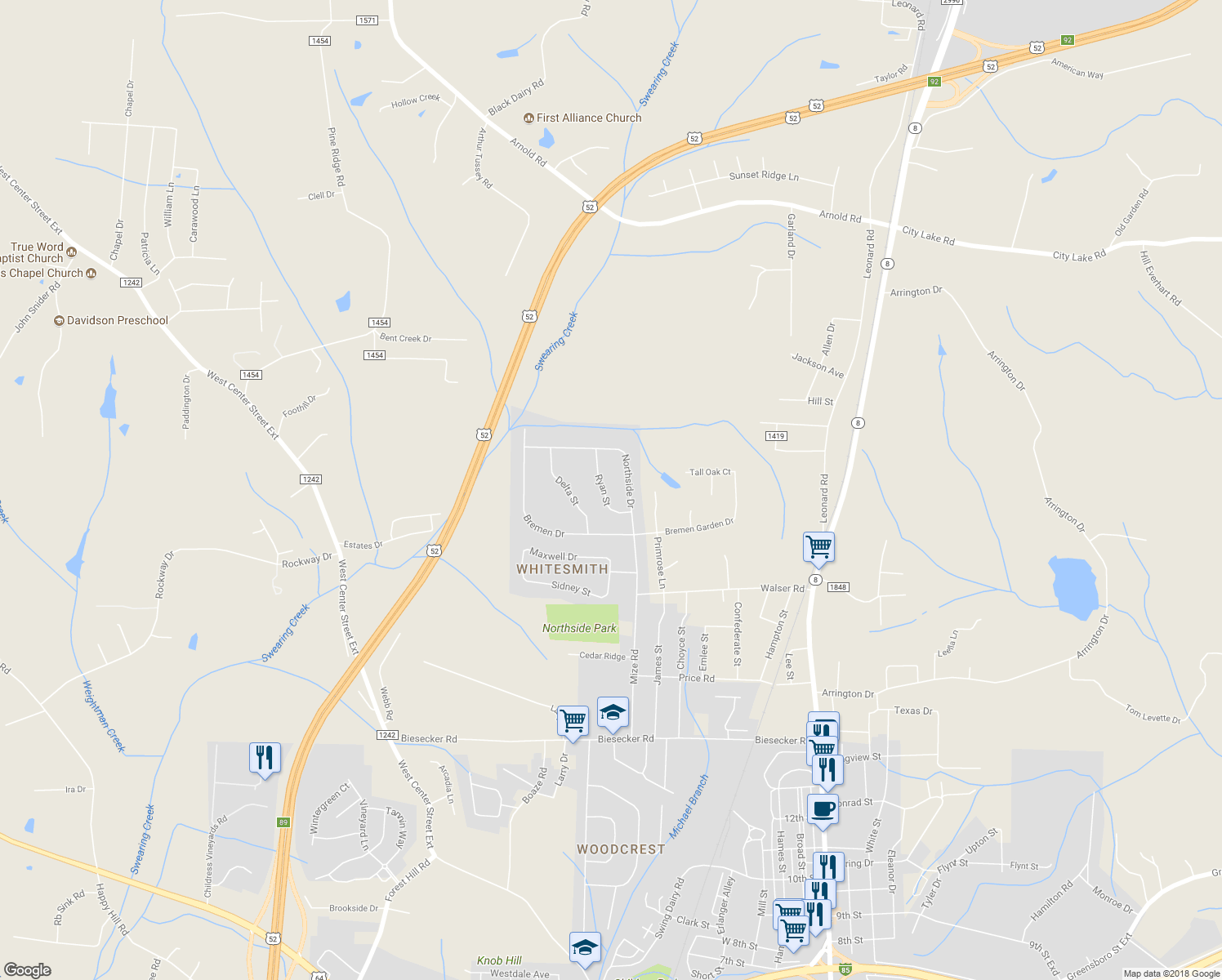 map of restaurants, bars, coffee shops, grocery stores, and more near 108 Ryan Street in Lexington