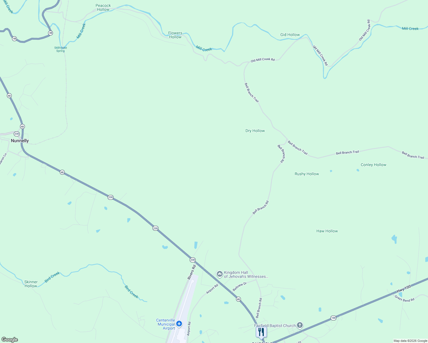 map of restaurants, bars, coffee shops, grocery stores, and more near Bell Branch Road in Nunnelly