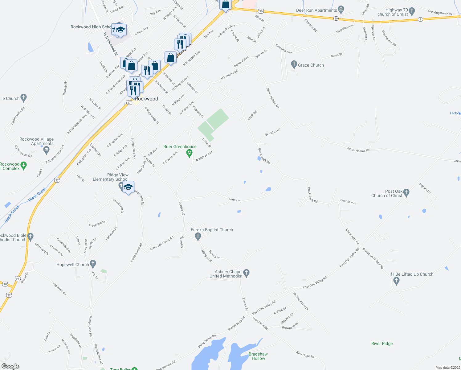 map of restaurants, bars, coffee shops, grocery stores, and more near 214 Cates Road in Rockwood