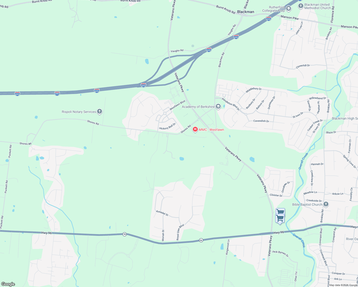 map of restaurants, bars, coffee shops, grocery stores, and more near 3431 Shores Road in Murfreesboro
