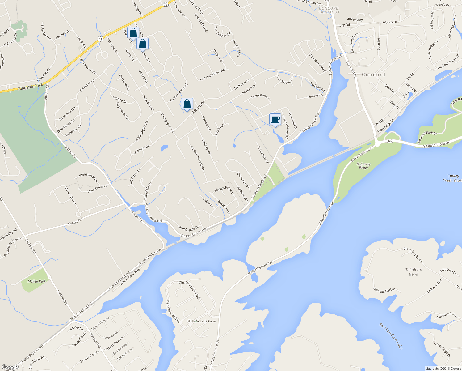 map of restaurants, bars, coffee shops, grocery stores, and more near 11906 Abners Ridge Drive in Knoxville