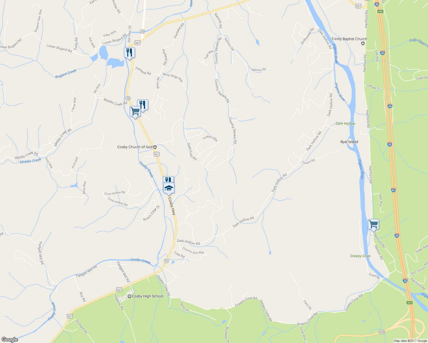 map of restaurants, bars, coffee shops, grocery stores, and more near 265 Deerfoot Road in Cosby