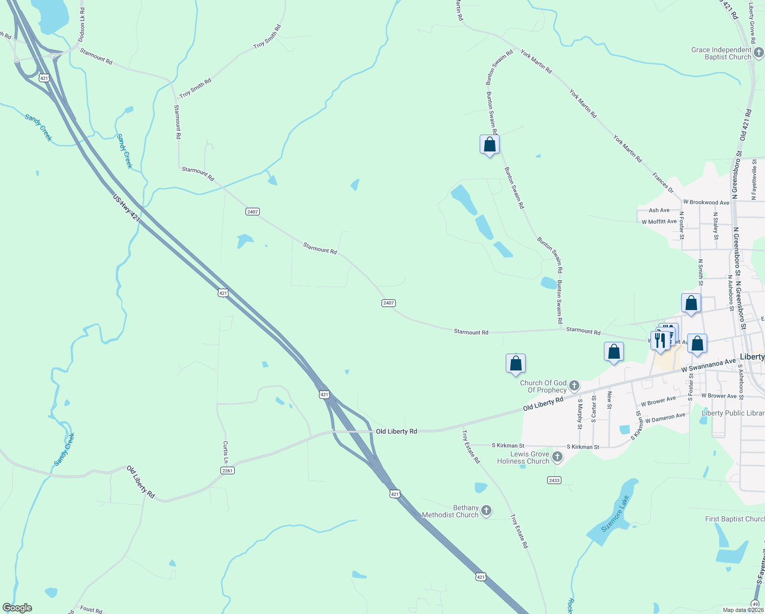map of restaurants, bars, coffee shops, grocery stores, and more near 4863 Starmount Road in Liberty