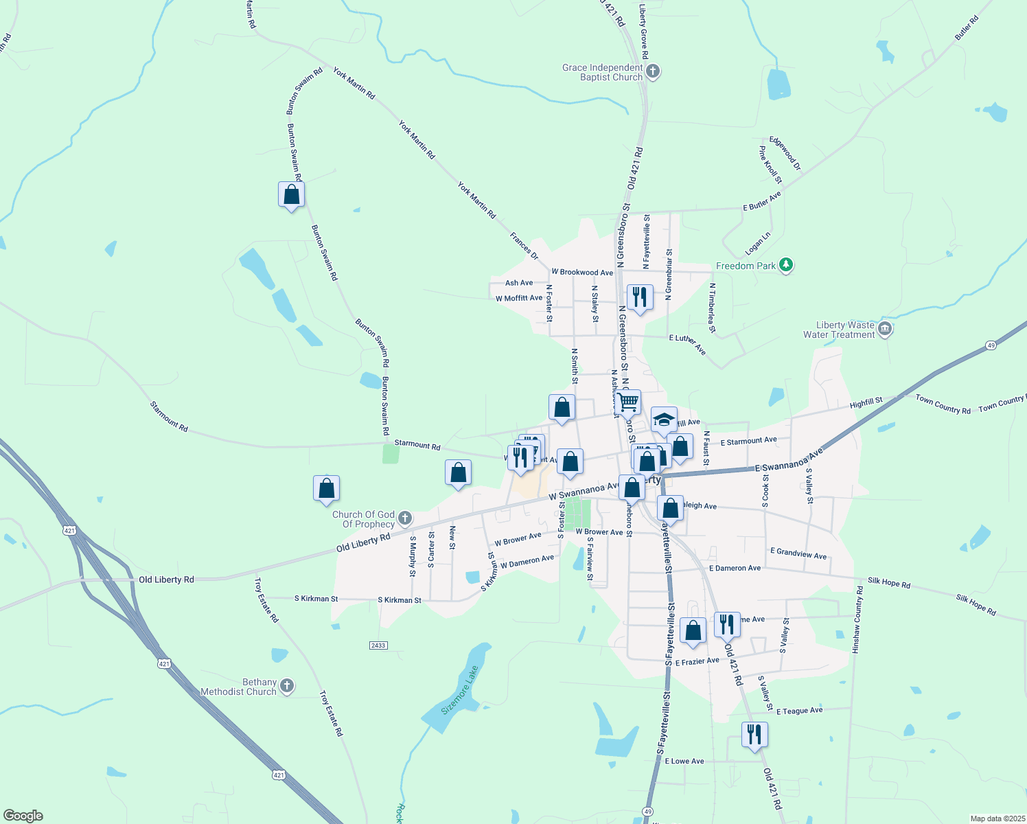 map of restaurants, bars, coffee shops, grocery stores, and more near 516 West Bowman Avenue in Liberty