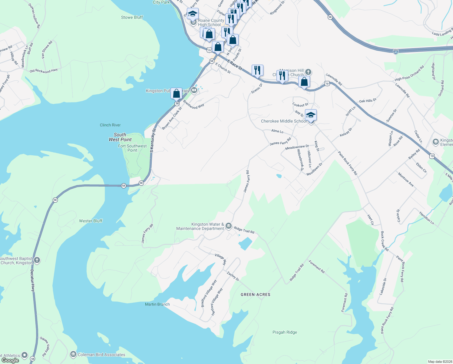 map of restaurants, bars, coffee shops, grocery stores, and more near 1330 James Ferry Road in Kingston