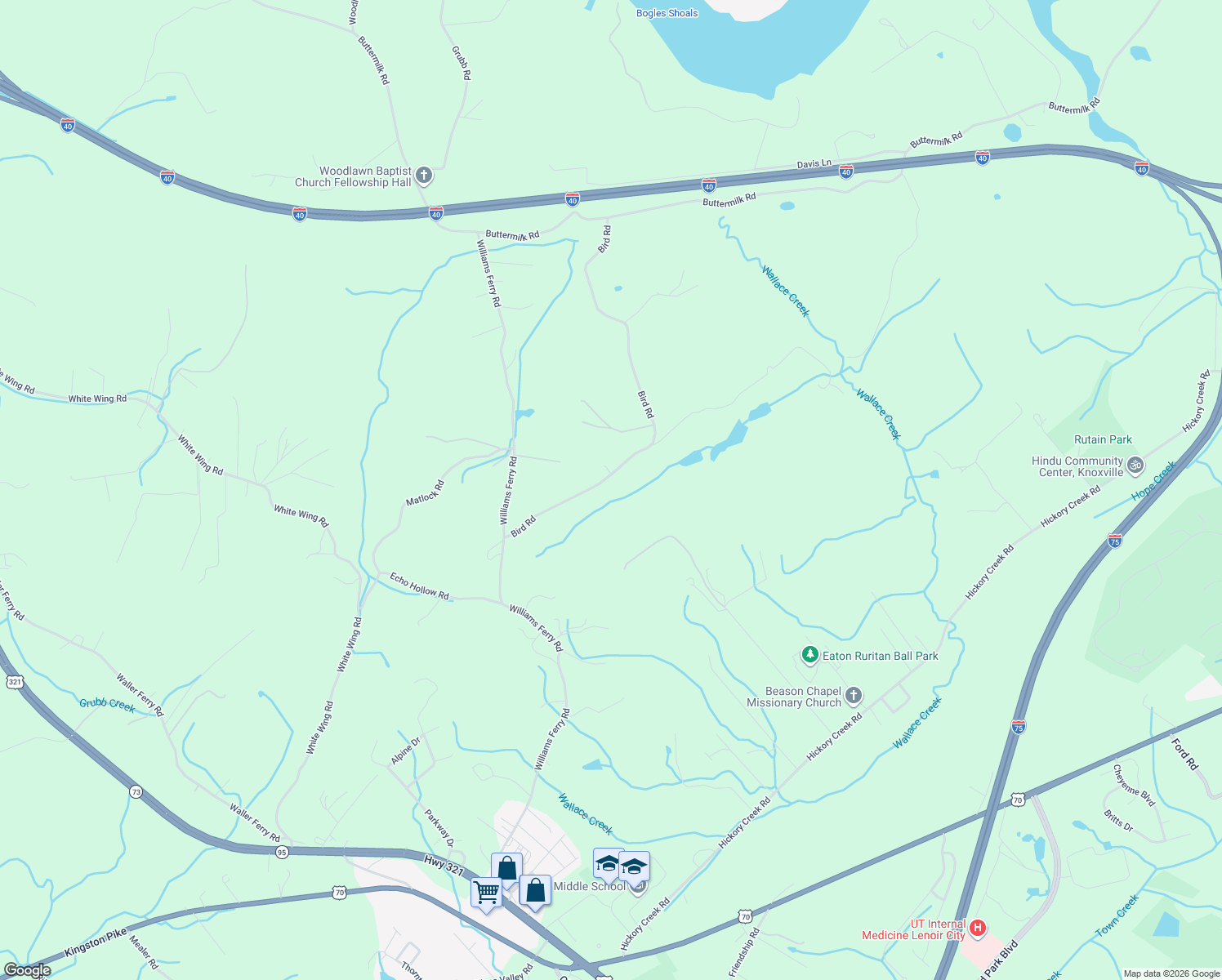 map of restaurants, bars, coffee shops, grocery stores, and more near 1893 Bird Road in Lenoir City