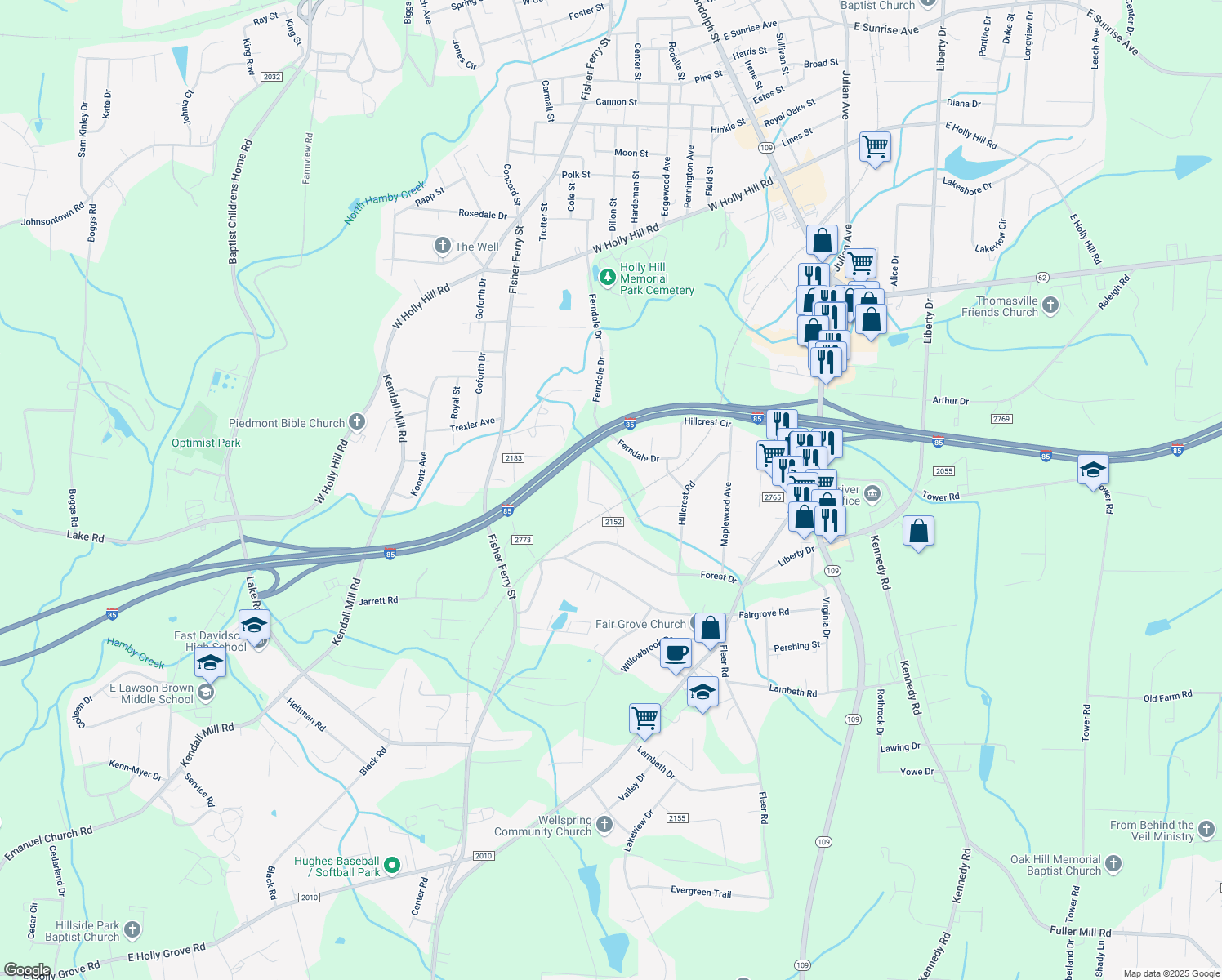 map of restaurants, bars, coffee shops, grocery stores, and more near 108 Woodland Lane in Thomasville