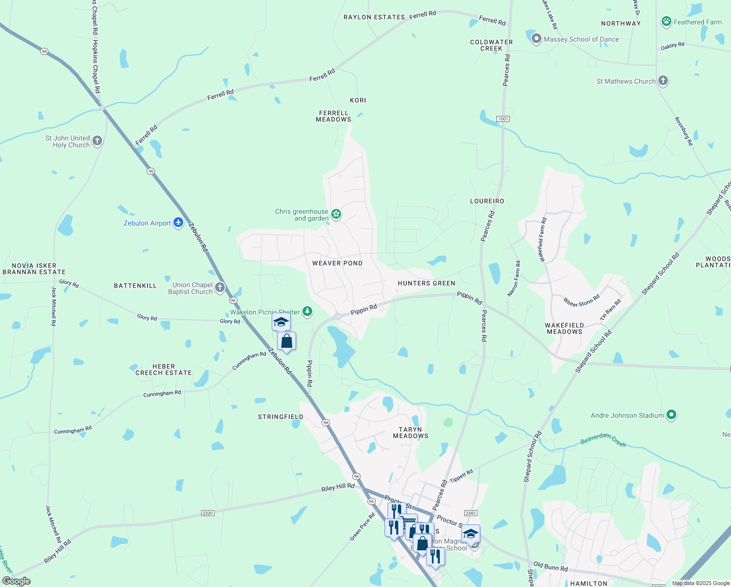 map of restaurants, bars, coffee shops, grocery stores, and more near 3218 Whispernut Lane in Zebulon