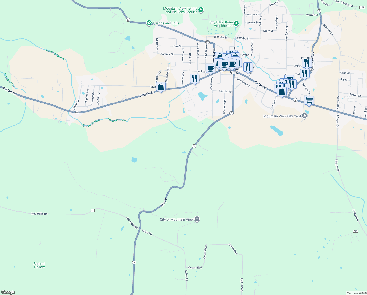 map of restaurants, bars, coffee shops, grocery stores, and more near 17221 Arkansas 9 in Mountain View