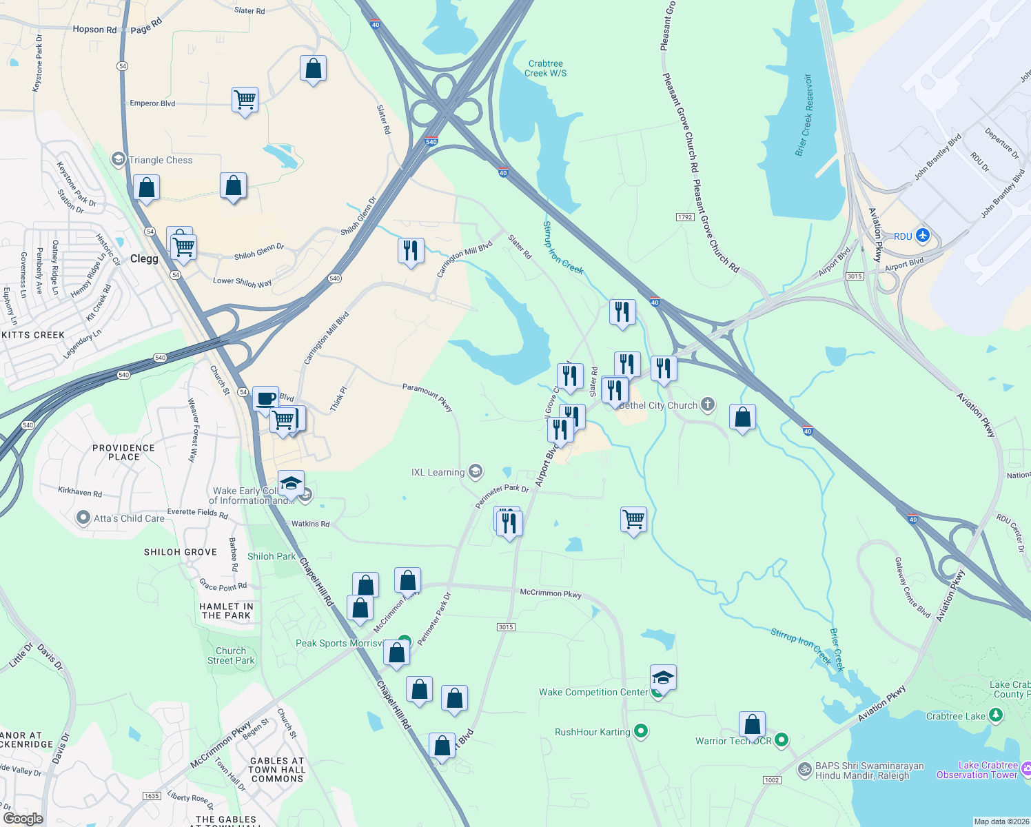map of restaurants, bars, coffee shops, grocery stores, and more near 110 Marcom Drive in Morrisville