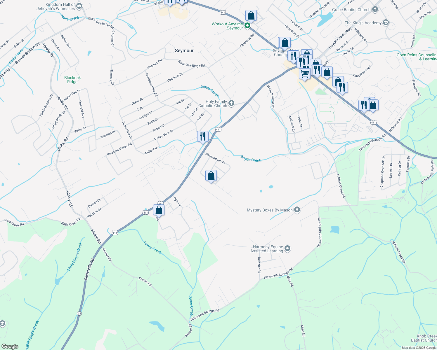 map of restaurants, bars, coffee shops, grocery stores, and more near 216 Virginia Dr in Seymour