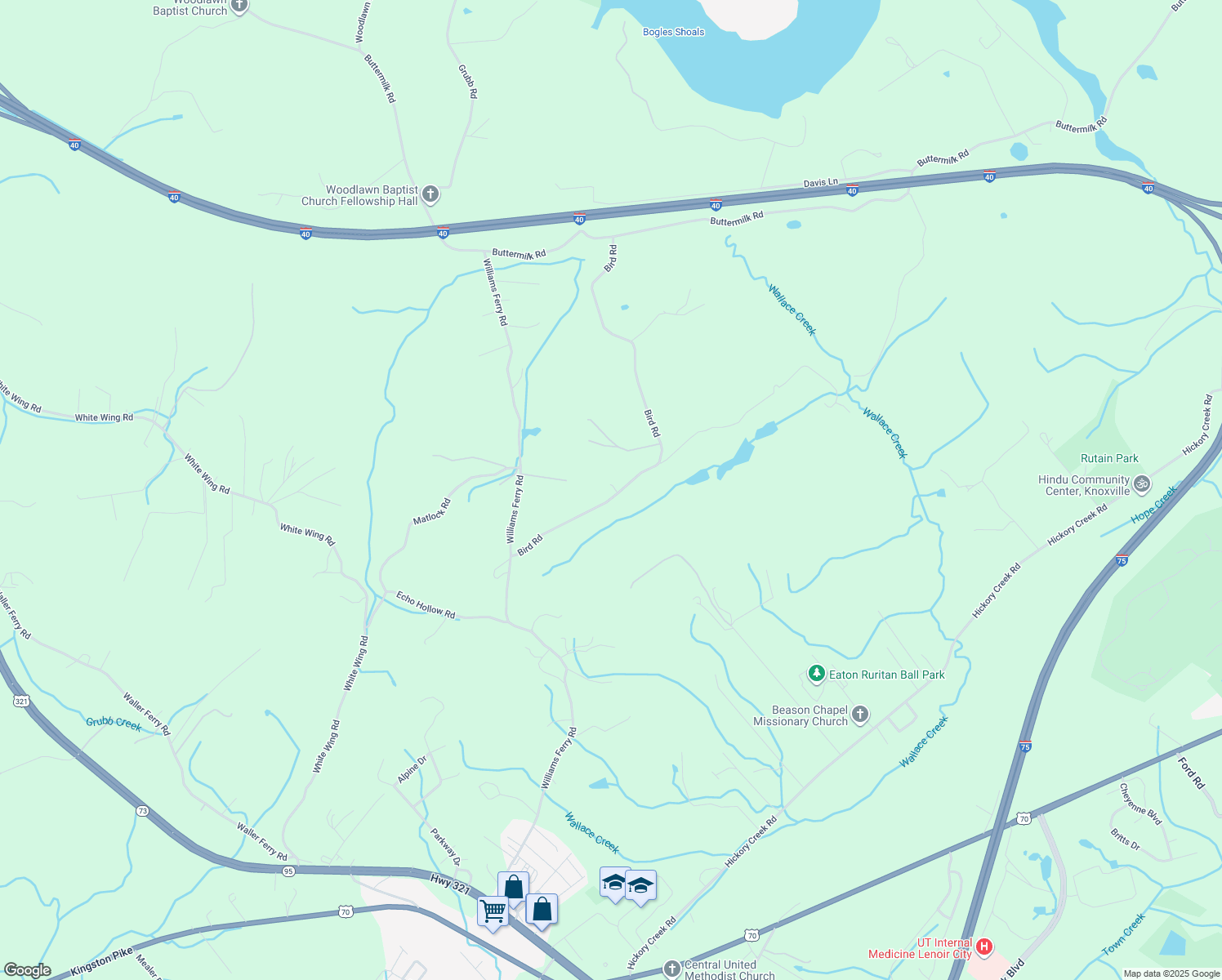 map of restaurants, bars, coffee shops, grocery stores, and more near 1893 Bird Road in Lenoir City