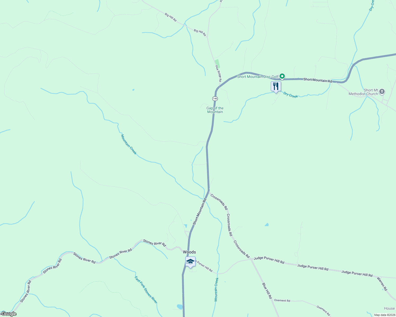 map of restaurants, bars, coffee shops, grocery stores, and more near 6959 Short Mountain Road in Woodbury