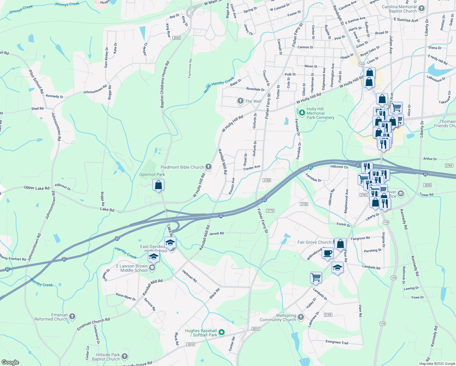 map of restaurants, bars, coffee shops, grocery stores, and more near 201 Kendall Mill Road in Thomasville