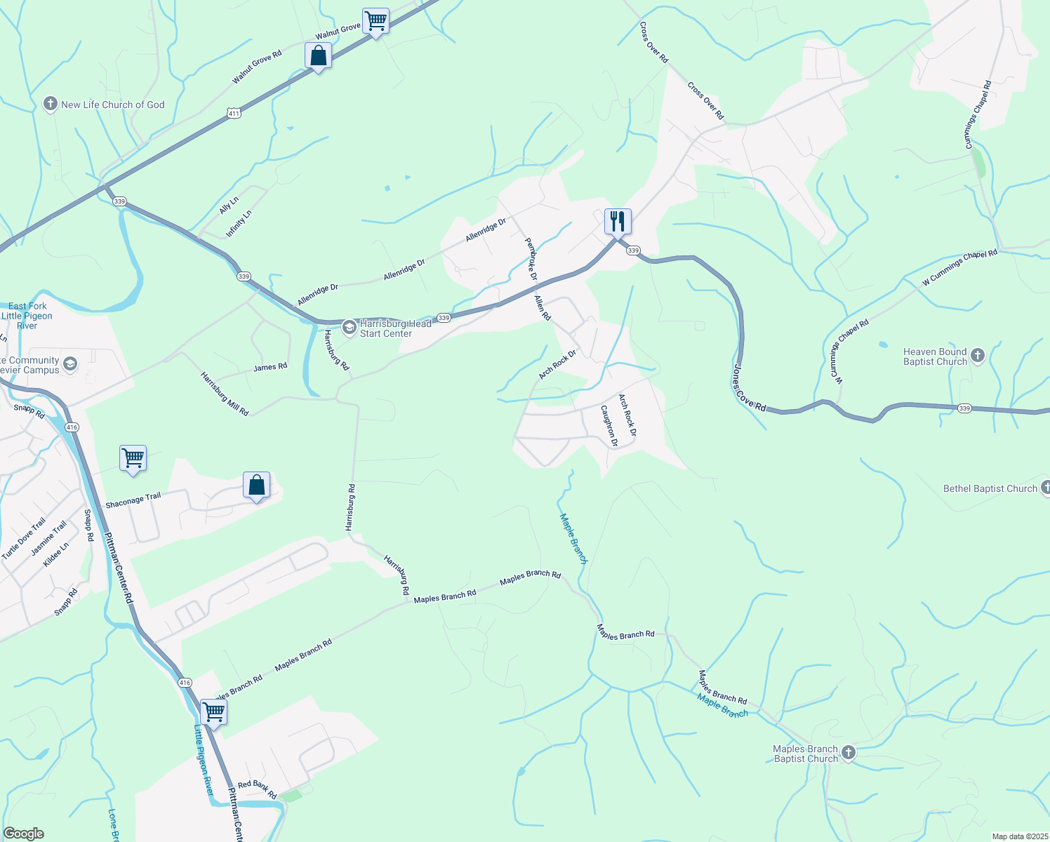 map of restaurants, bars, coffee shops, grocery stores, and more near 1979 Arch Rock Drive in Sevierville