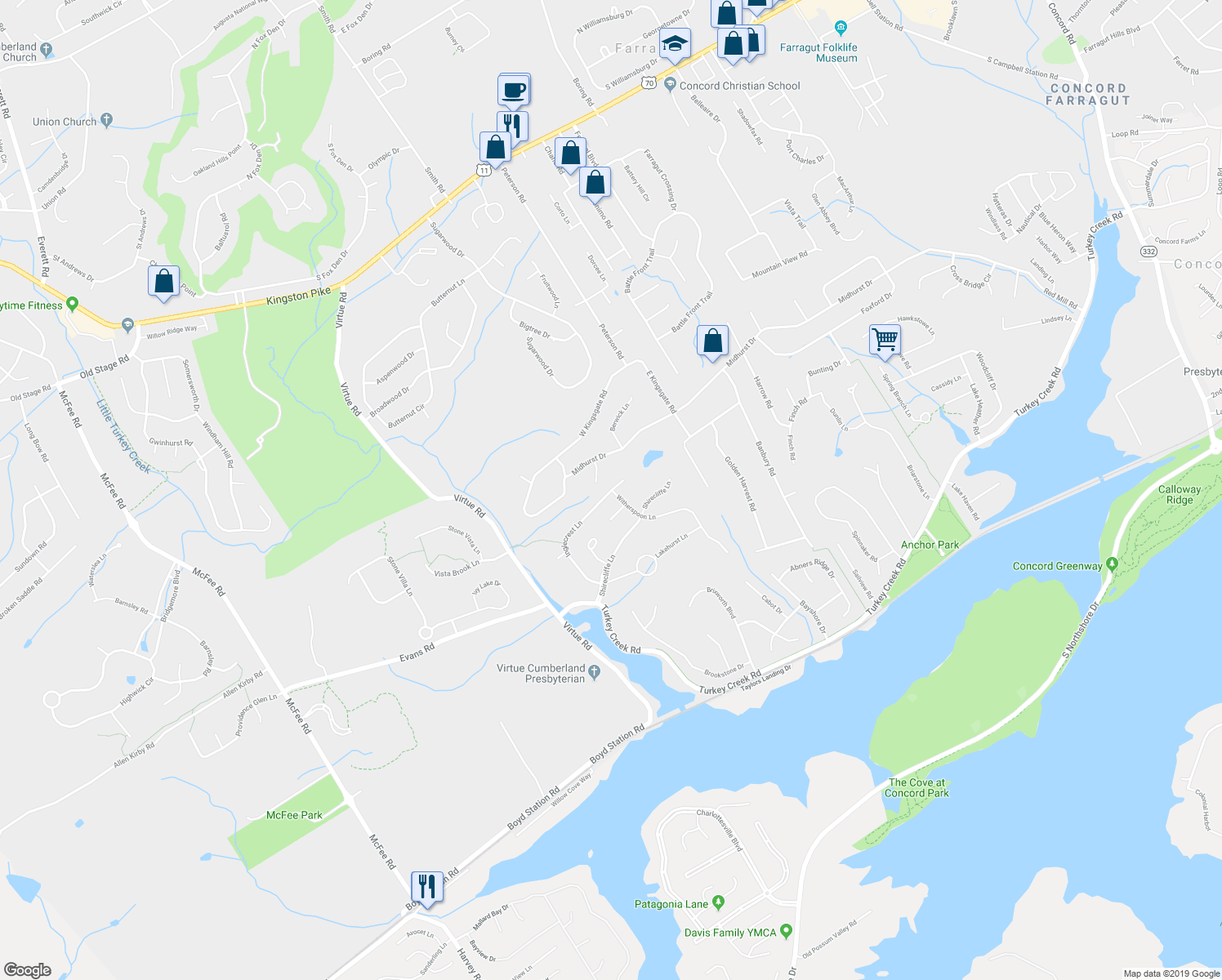 map of restaurants, bars, coffee shops, grocery stores, and more near 615 Witherspoon Lane in Farragut