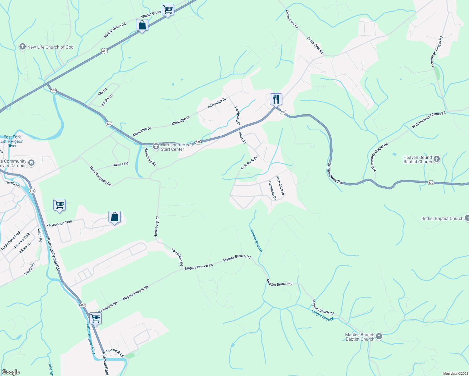 map of restaurants, bars, coffee shops, grocery stores, and more near 1979 Arch Rock Drive in Sevierville