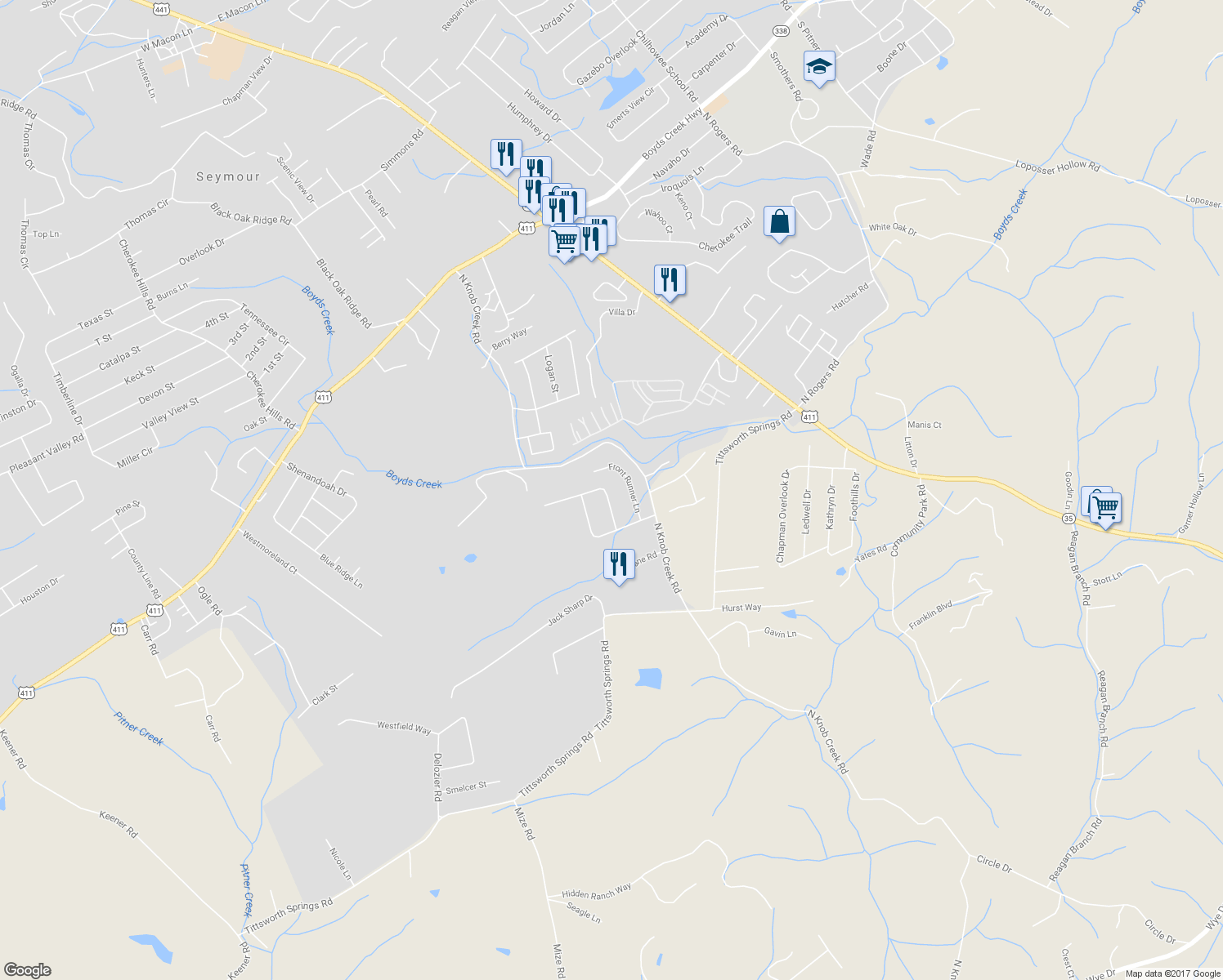 map of restaurants, bars, coffee shops, grocery stores, and more near 519 Winners Circle in Seymour