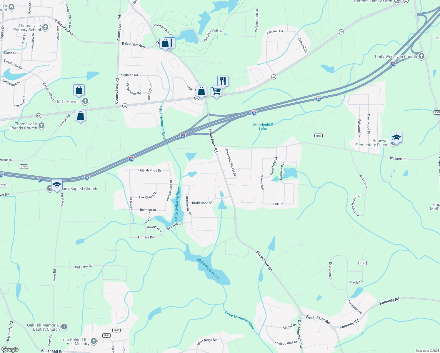 map of restaurants, bars, coffee shops, grocery stores, and more near 6935 Bridlewood Drive in Trinity
