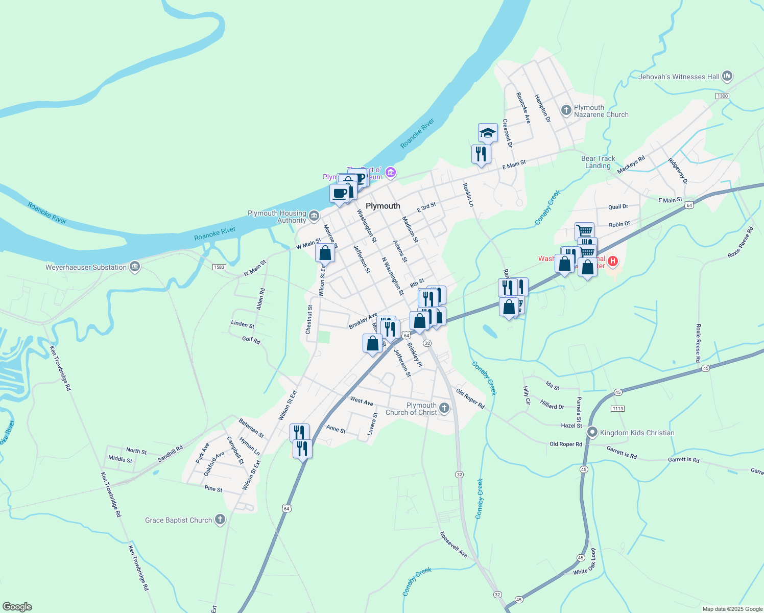 map of restaurants, bars, coffee shops, grocery stores, and more near 539 Jefferson Street in Plymouth