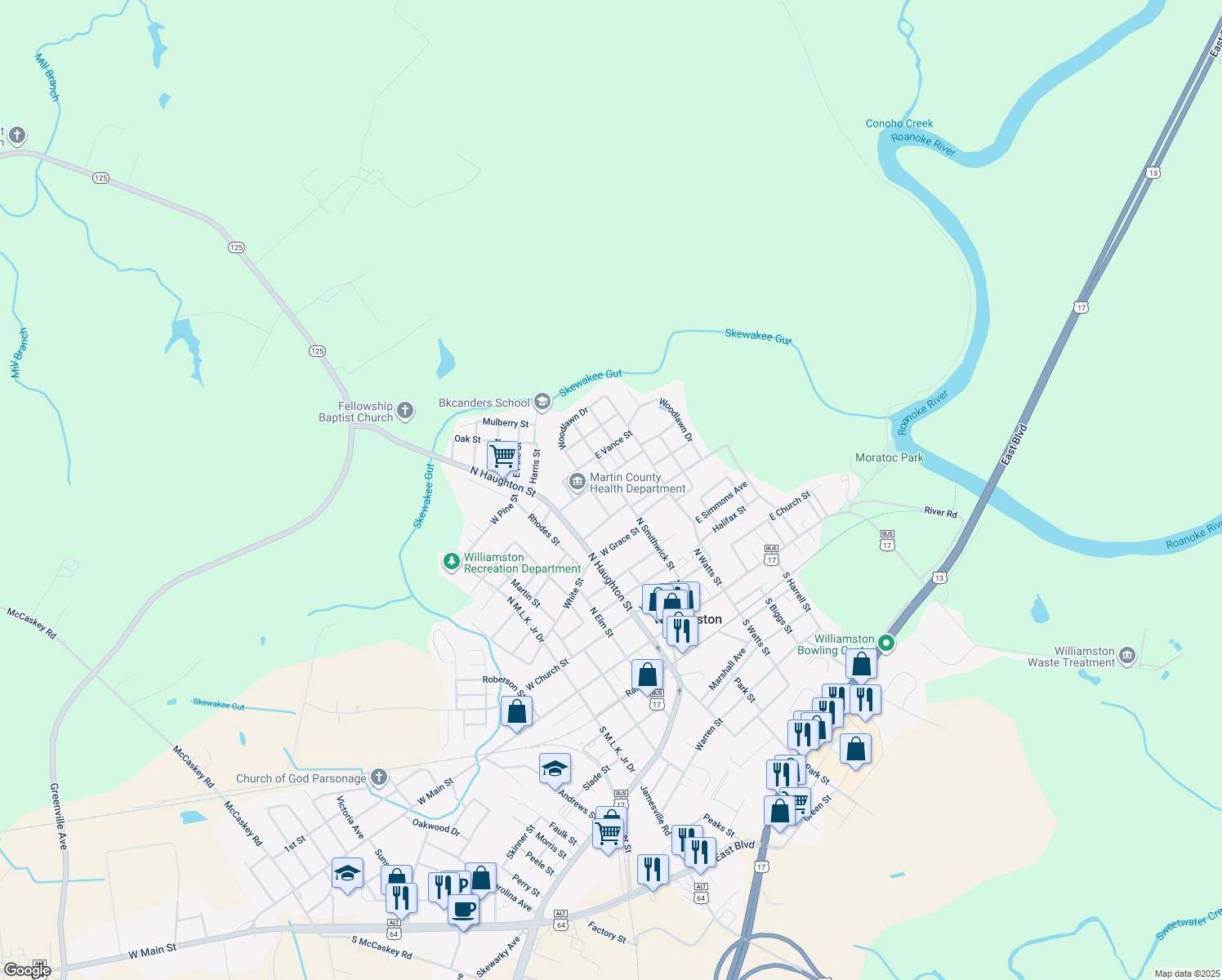 map of restaurants, bars, coffee shops, grocery stores, and more near 607 North Smithwick Street in Williamston