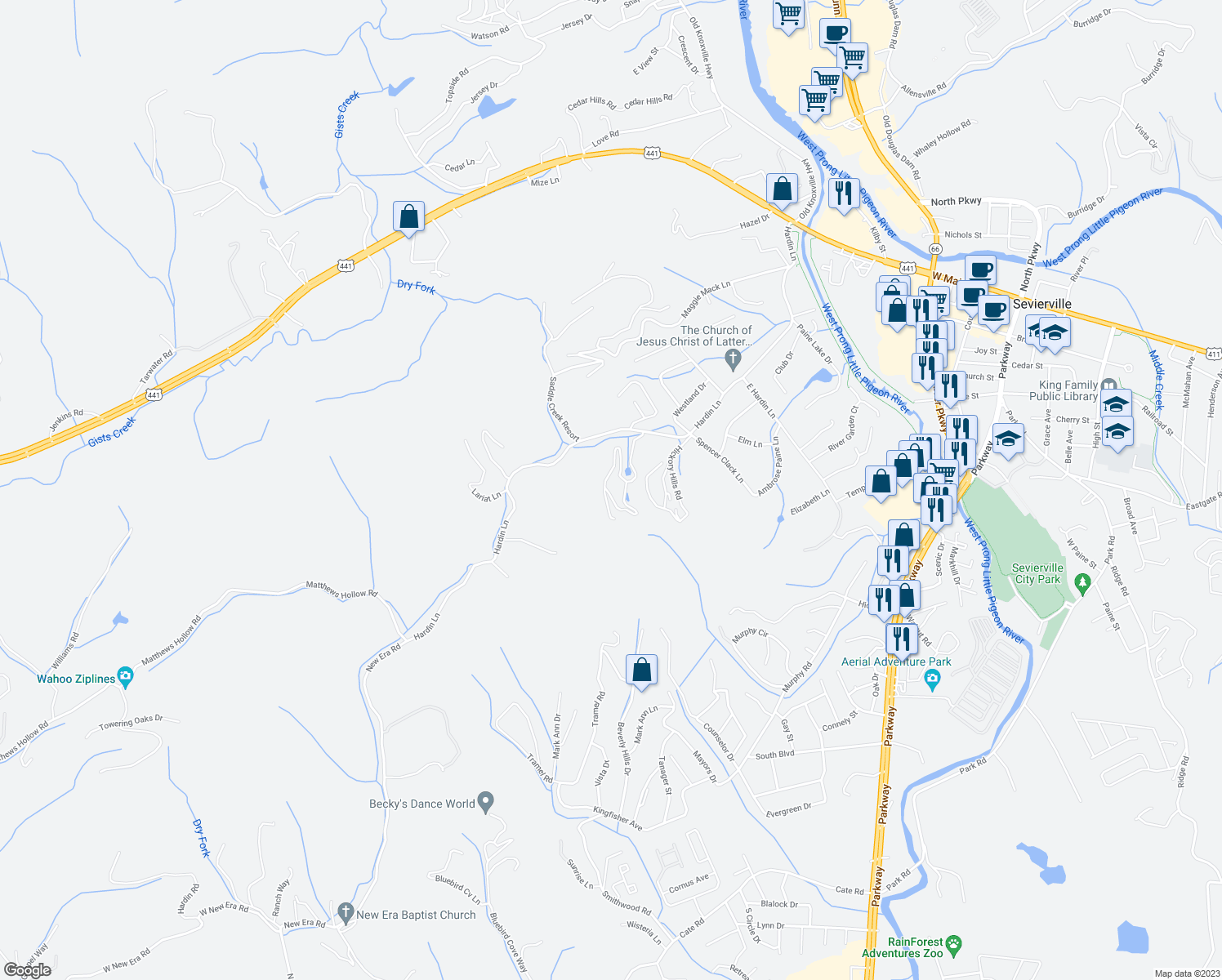 map of restaurants, bars, coffee shops, grocery stores, and more near 529 Hideaway Ridge Circle in Sevierville