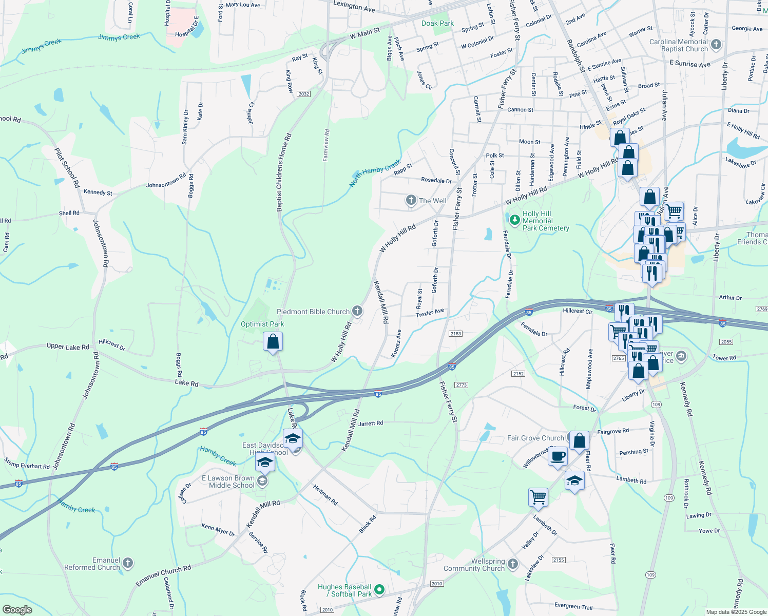 map of restaurants, bars, coffee shops, grocery stores, and more near Grimes Park Drive in Thomasville