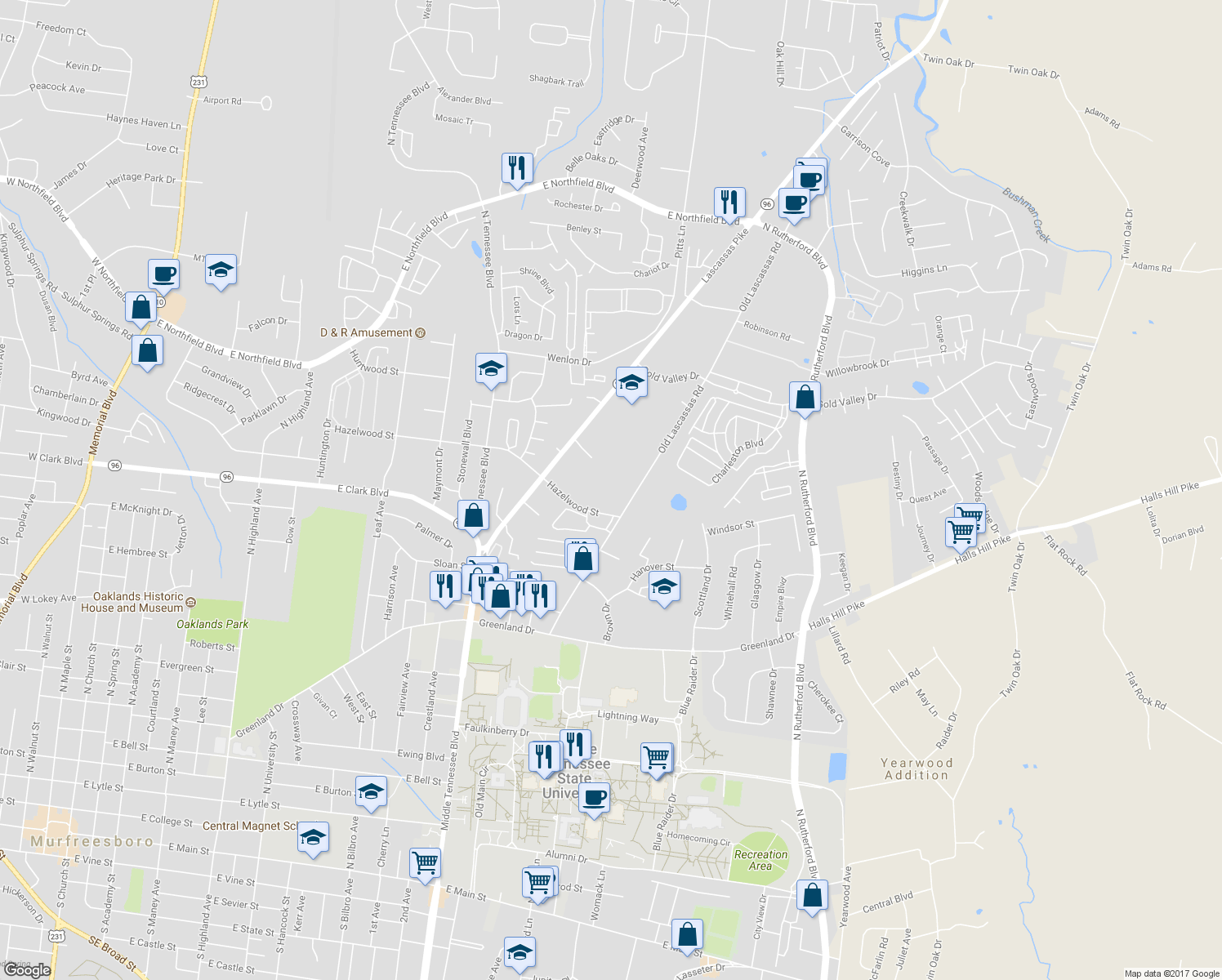 map of restaurants, bars, coffee shops, grocery stores, and more near 1315 Old Lascassas Road in Murfreesboro