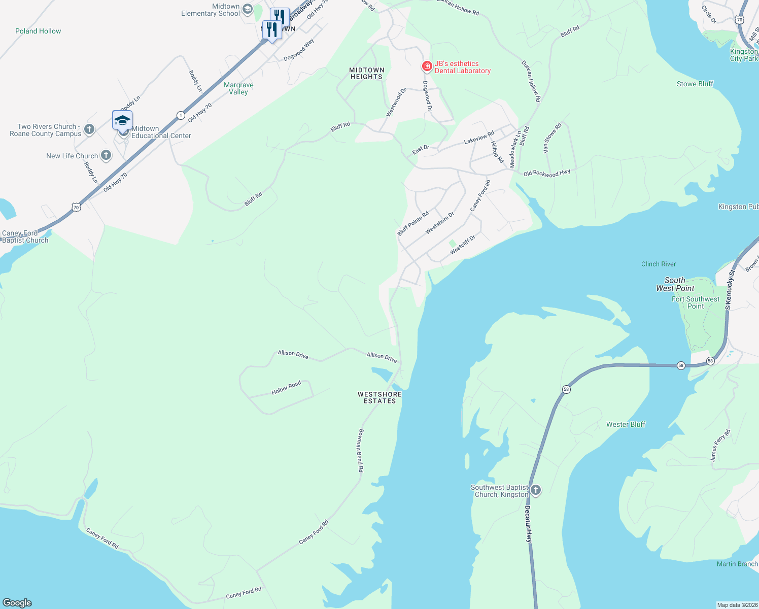 map of restaurants, bars, coffee shops, grocery stores, and more near 722 Bowman Bend Road in Harriman