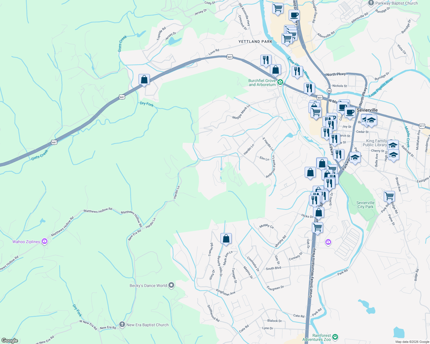 map of restaurants, bars, coffee shops, grocery stores, and more near 529 Hideaway Ridge Circle in Sevierville