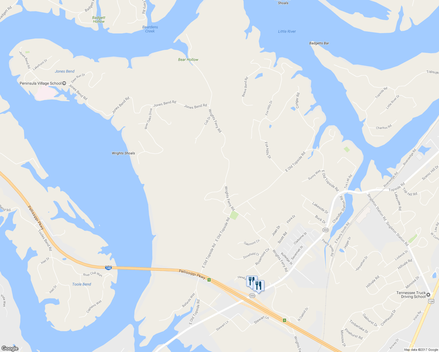 map of restaurants, bars, coffee shops, grocery stores, and more near 4111 Wrights Ferry Road in Louisville