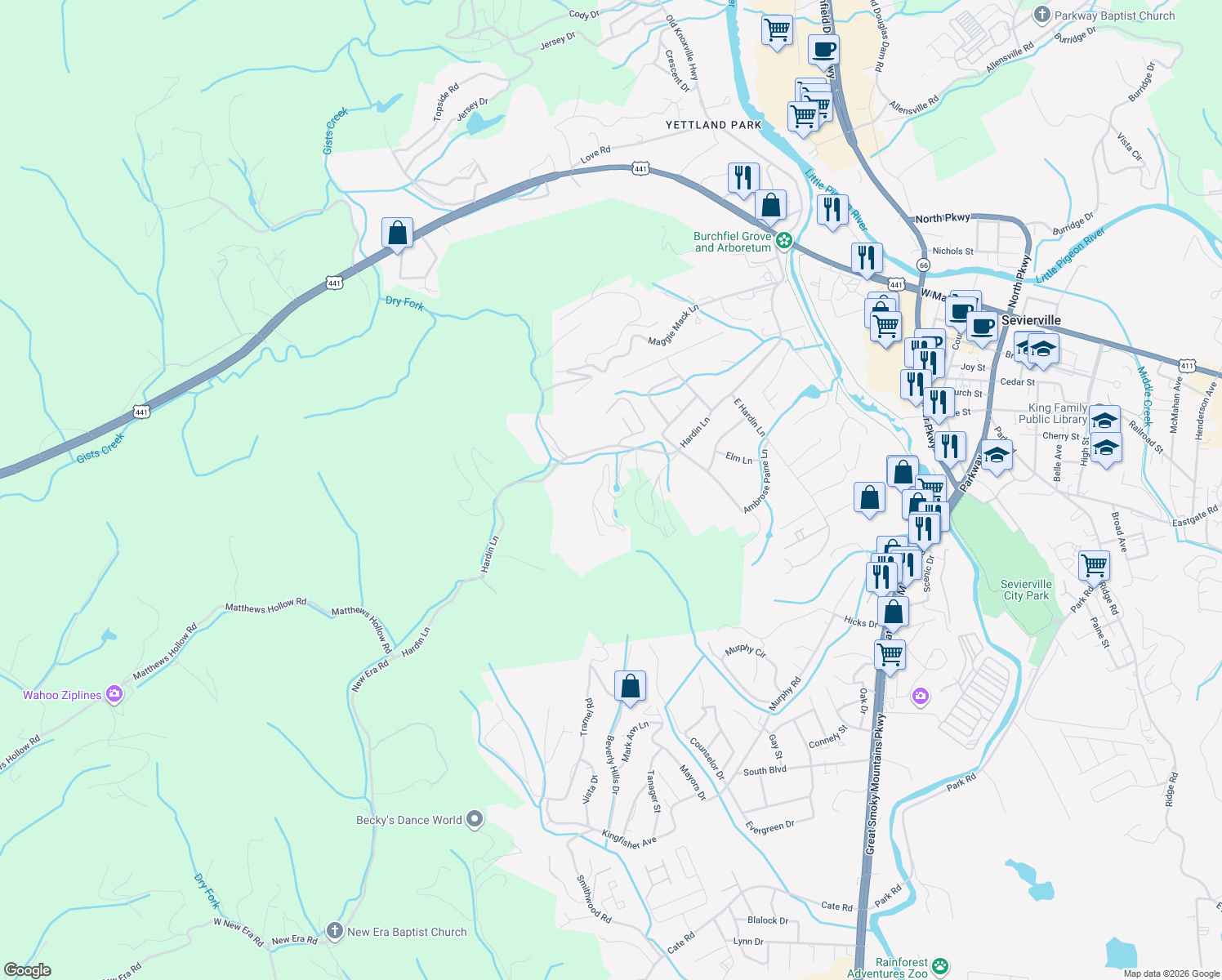 map of restaurants, bars, coffee shops, grocery stores, and more near 529 Hideaway Ridge Circle in Sevierville