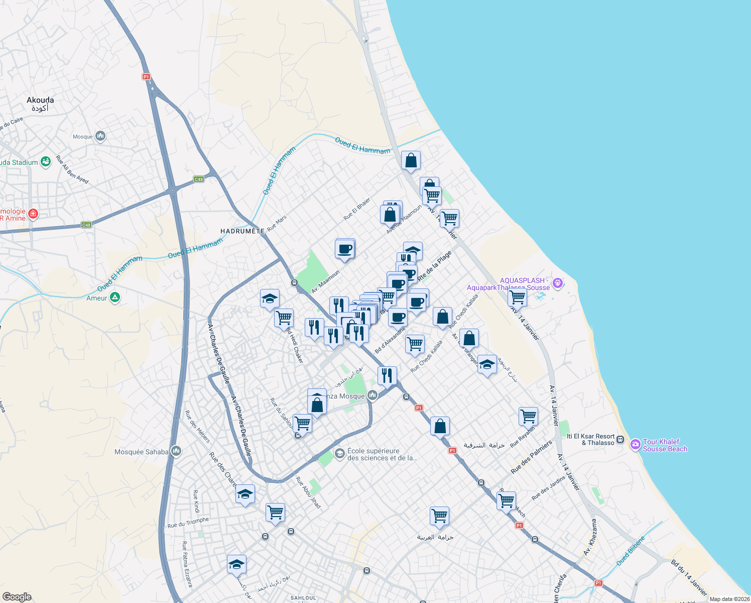 map of restaurants, bars, coffee shops, grocery stores, and more near Rue du Cham in Susah