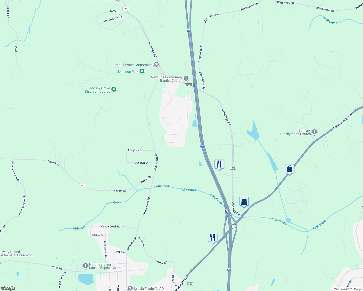 map of restaurants, bars, coffee shops, grocery stores, and more near 164 Appaloosa Lane in Statesville
