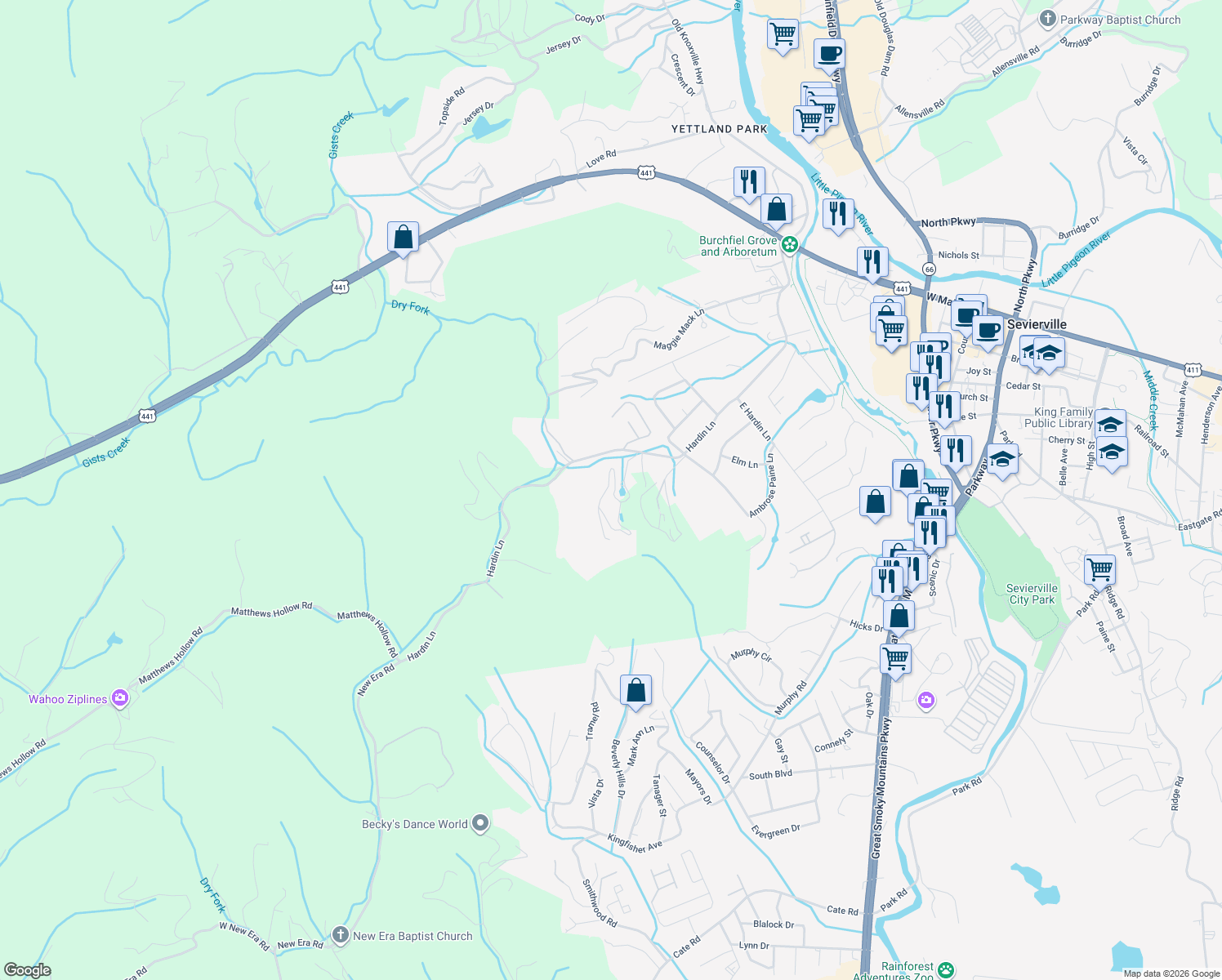 map of restaurants, bars, coffee shops, grocery stores, and more near 529 Hideaway Ridge Circle in Sevierville
