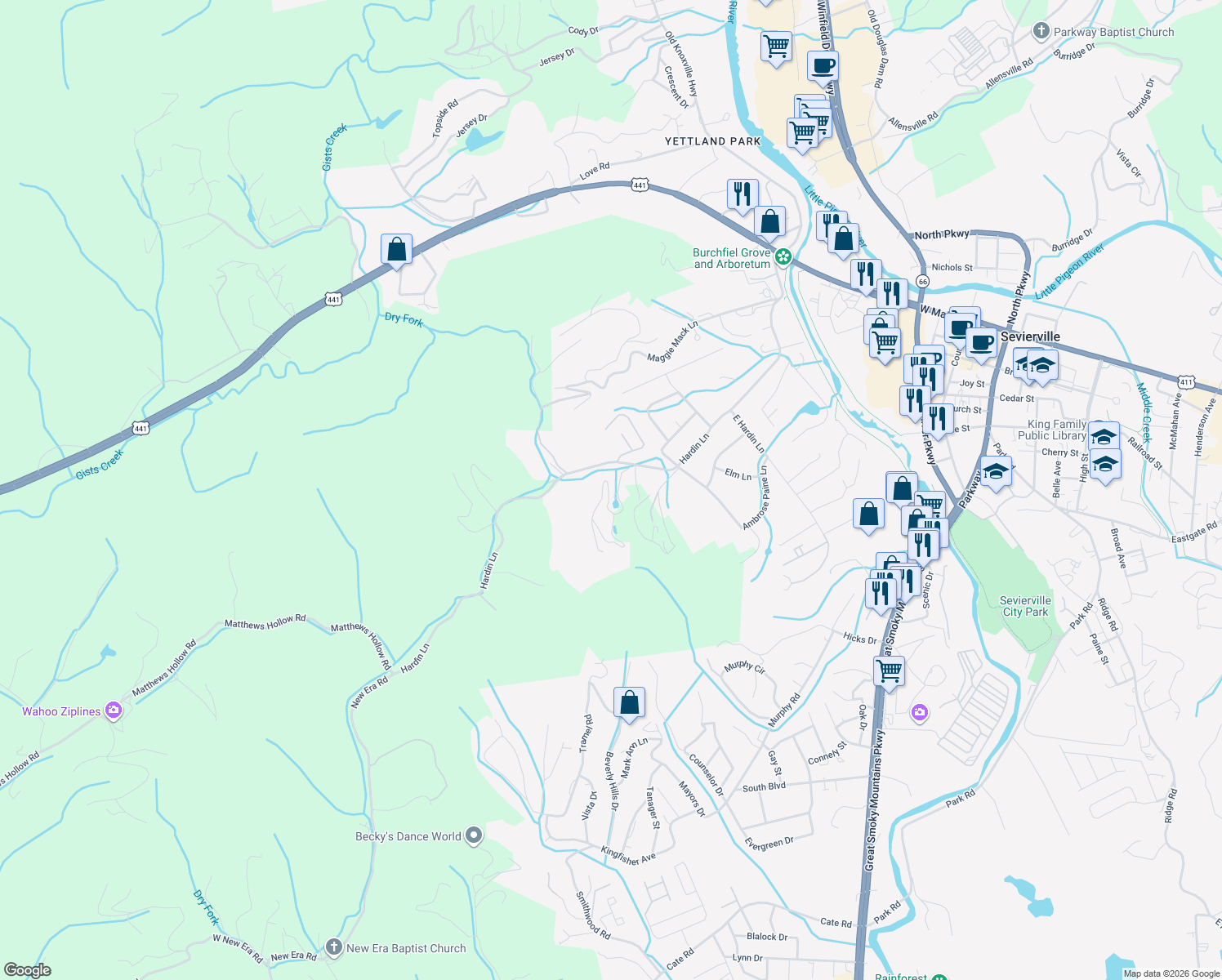 map of restaurants, bars, coffee shops, grocery stores, and more near 502 Hideaway Ridge Circle in Sevierville
