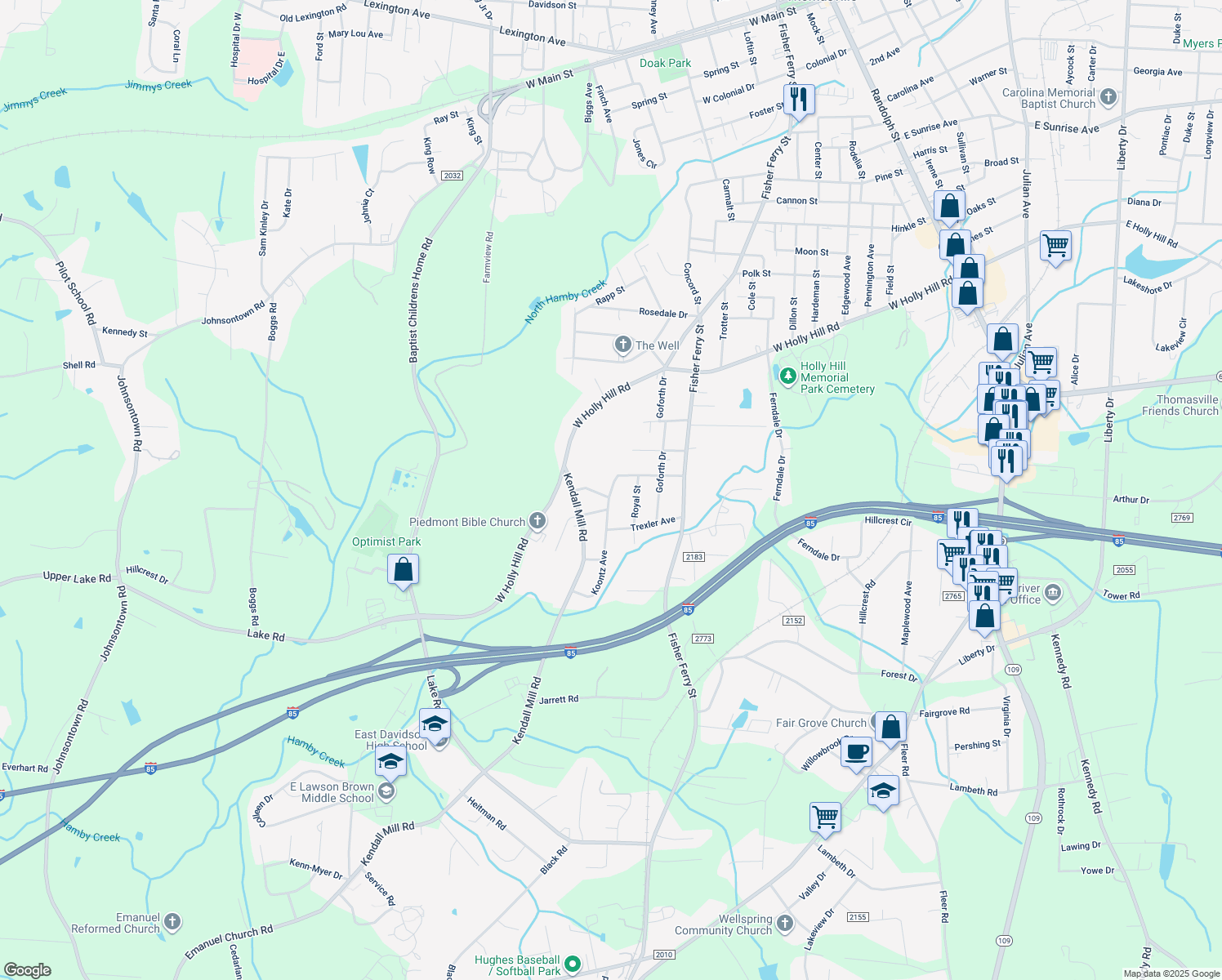 map of restaurants, bars, coffee shops, grocery stores, and more near 344 Koontz Avenue in Thomasville