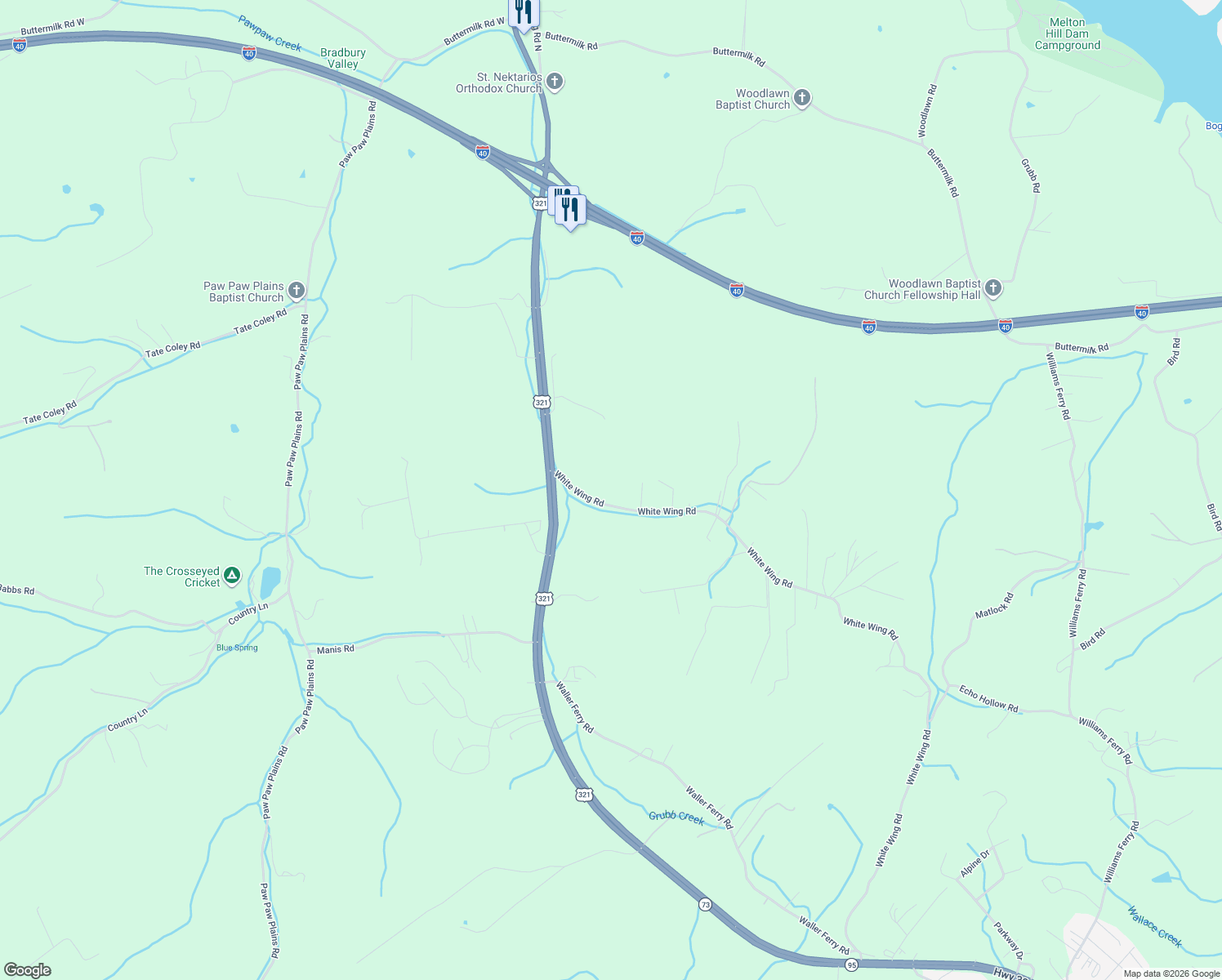 map of restaurants, bars, coffee shops, grocery stores, and more near 9134 White Wing Road in Lenoir City