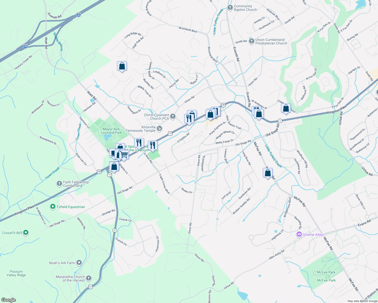 map of restaurants, bars, coffee shops, grocery stores, and more near 12916 Butterfield Lane in Knoxville