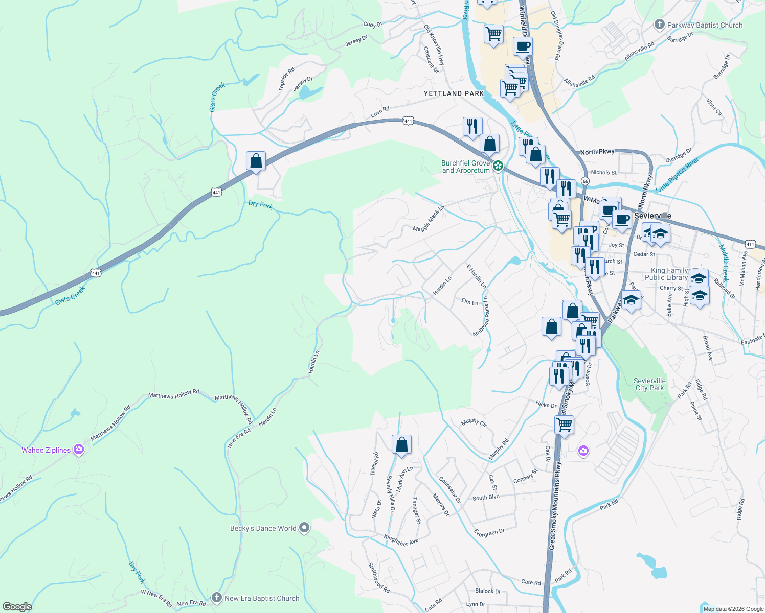 map of restaurants, bars, coffee shops, grocery stores, and more near 502 Hideaway Ridge Circle in Sevierville