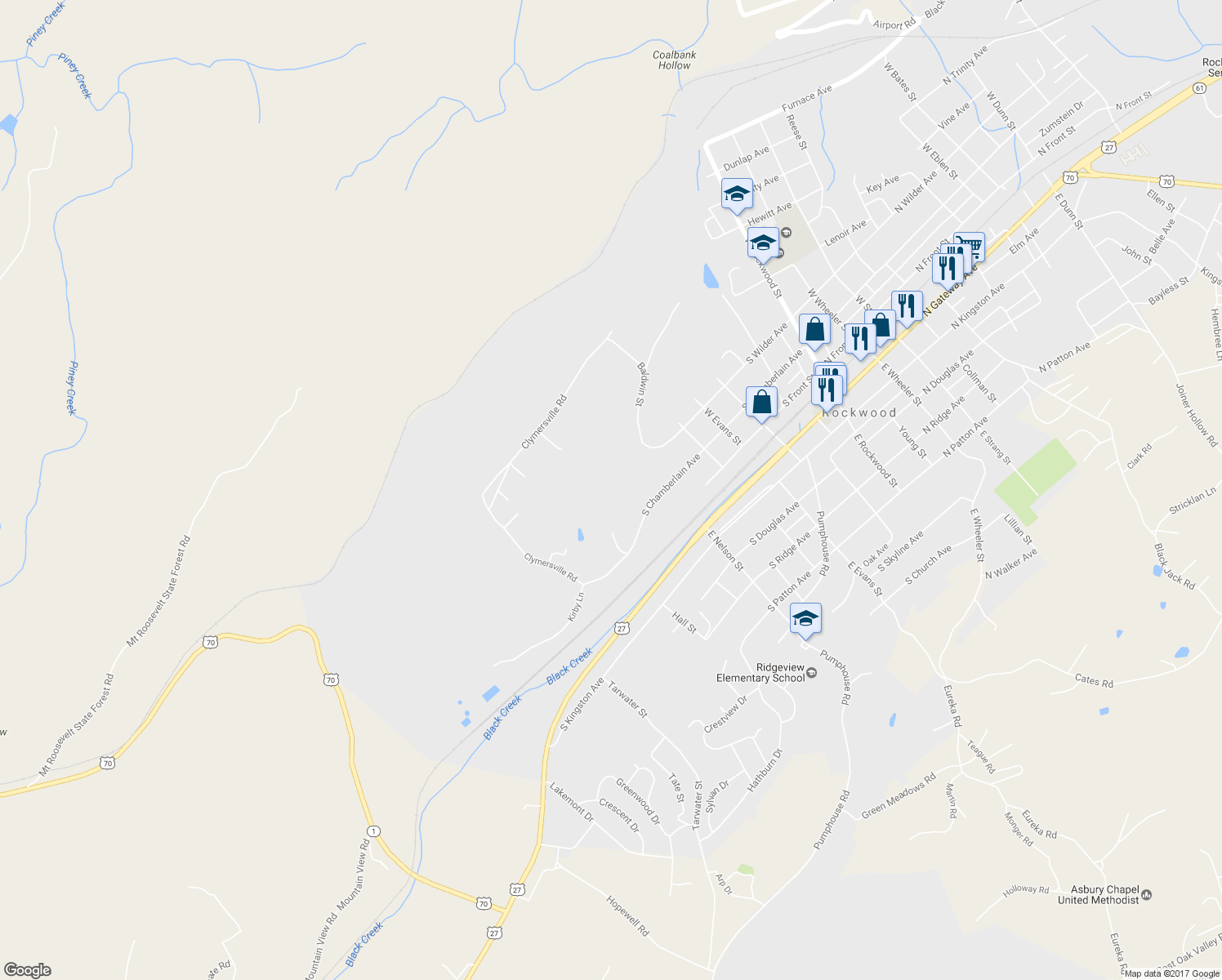 map of restaurants, bars, coffee shops, grocery stores, and more near 433 South Chamberlain Avenue in Rockwood